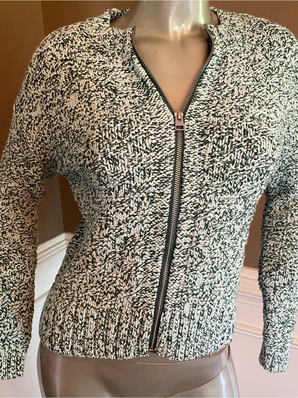 NWT Talbots Women Green Zip-Front Knit Sweater Petite size P